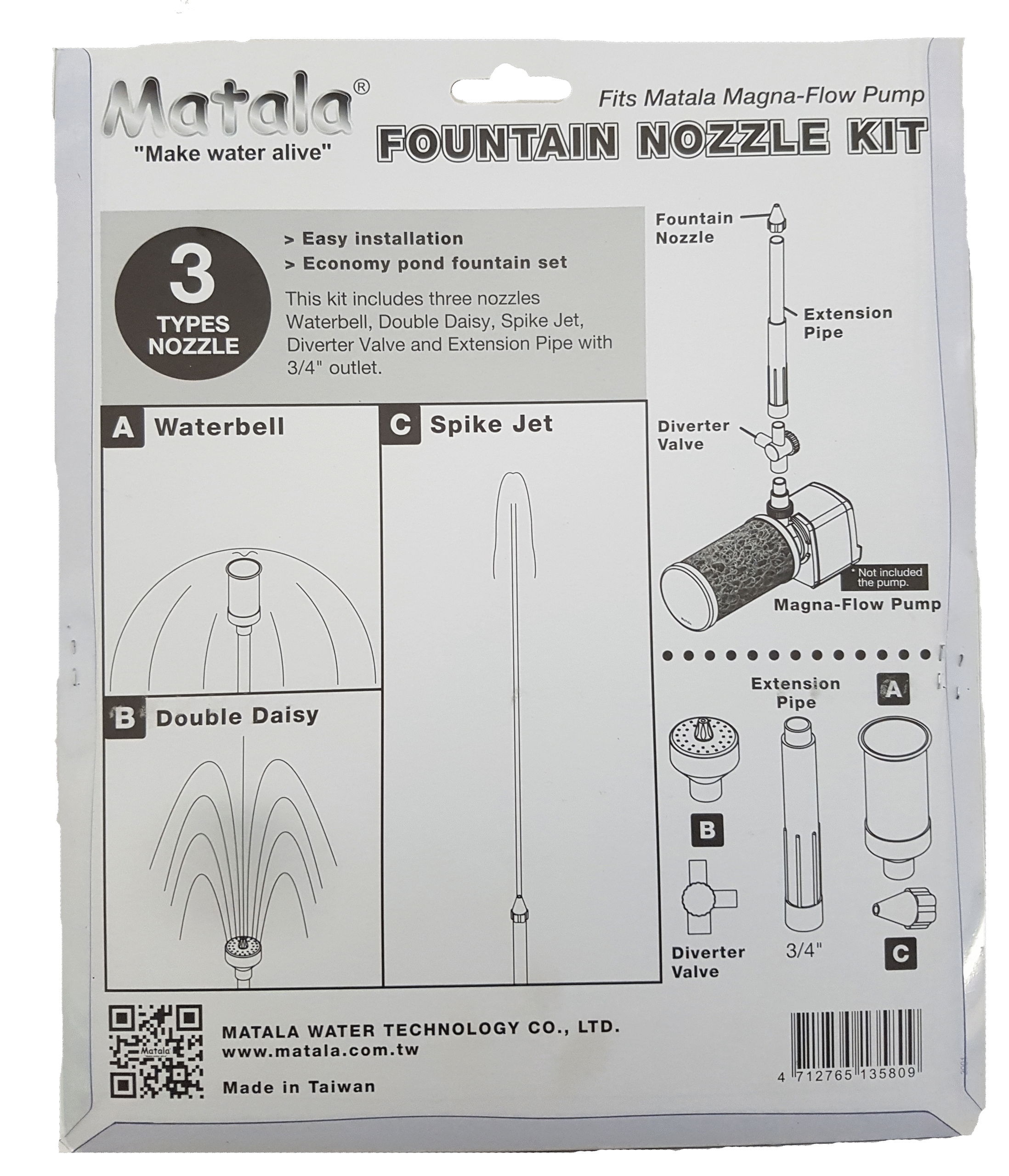 Matala Fountain Nozzle Kit comes with 3 x 3/4" outlet Fountain Nozzles, Diverter Valve and Extension Pipe - Image 4